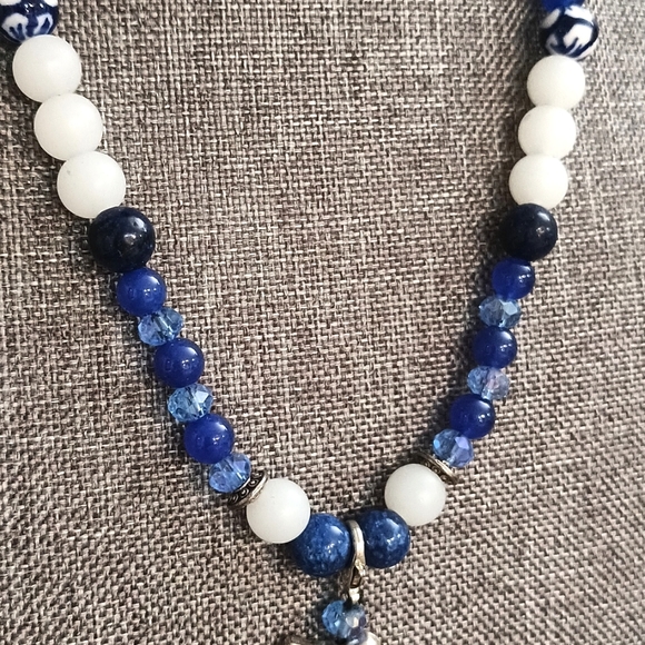 Artisan Necklace & earrings Blue gemstone, seaglass, birds and key NEW - Picture 4 of 9